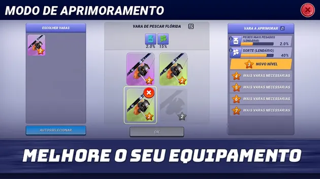 Modo de aprimoramento do Fishing Clash: três varas de nível 2 juntas para chegar ao nível 3 da Vara de pescar Flórida