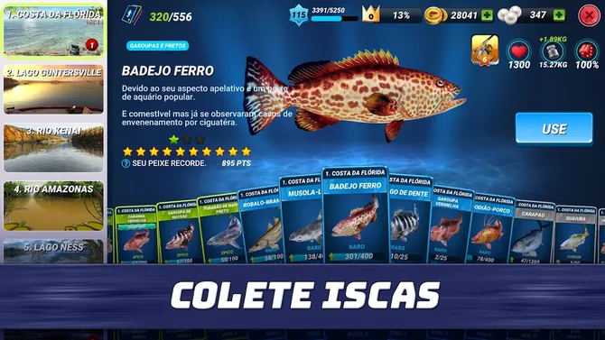 Coleção de iscos do Fishing Clash na Costa da Flórida com o badejo-ferro raro a 301 de 400 e recorde de 895 pontos