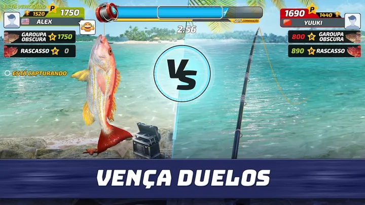 Duelo no Fishing Clash: Alex com 1750 pontos contra Yuuki com 1690, relógio nos 2:56 e uma garoupa no anzol