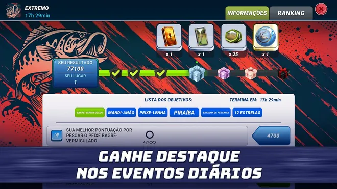 Evento Extremo no Fishing Clash: resultado 77100, primeiro lugar, 17h 29min para acabar e objetivos como bagre-vermiculado e piraíba