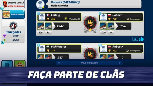 Guerra de Clãs no Fishing Clash: clã Renegades com 2650 troféus e 50 de 50 membros, LeKing 1347 contra RobertX 1026