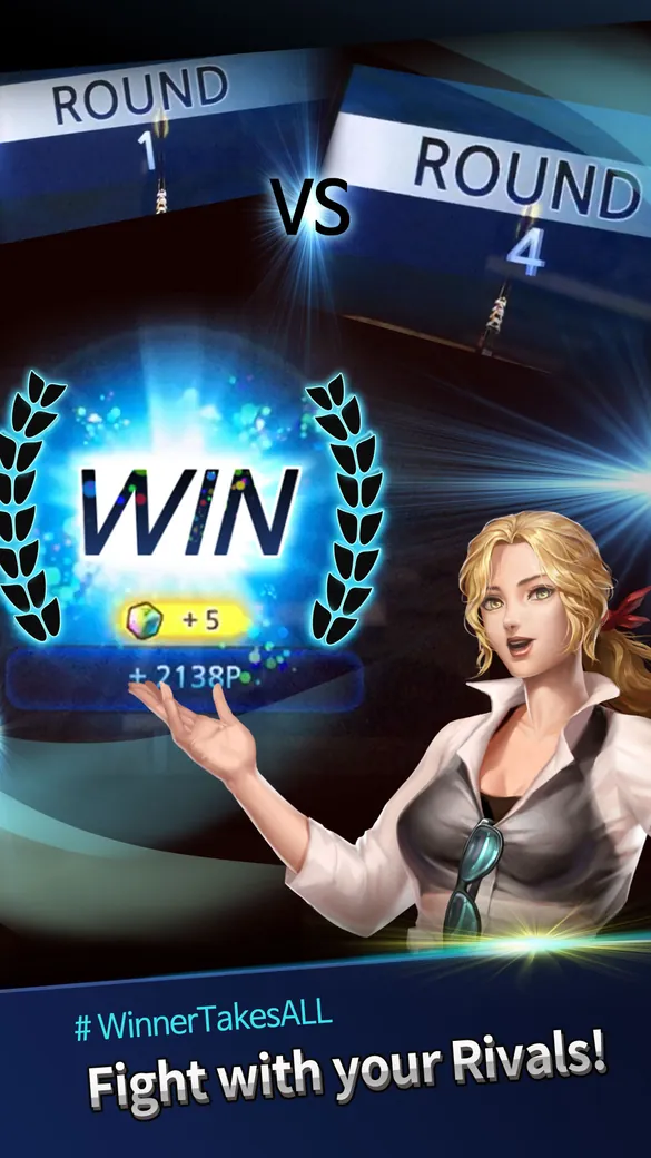 Imagem promocional do Fishing Rivals com Round 1 contra Round 4 e uma vitória que soma 2138 pontos