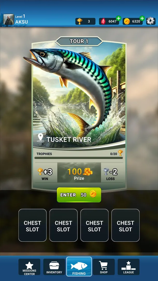 Carta do Tour 1 no Fishing Strike com uma cavala sobre o Tusket River, +3 por vitória, −2 por derrota e entrada de 50 moedas