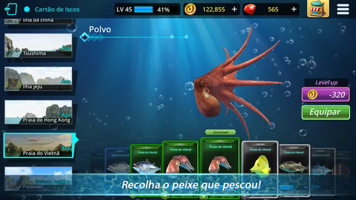 Cartão de Iscos do Monster Fishing Tournament com um polvo da Praia do Vietnã e melhoria por 320 moedas