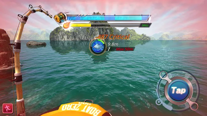 Monster Fishing Tournament com um golpe Critical de 487, peixe a 9,8 m de um máximo de 50 m e o botão Tap