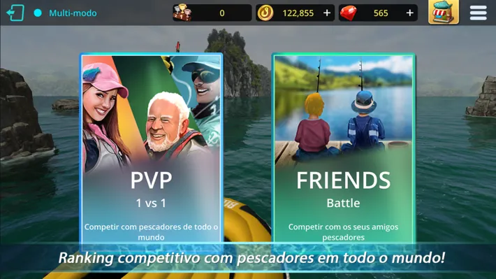 Menu Multi-modo do Monster Fishing Tournament com as cartas PVP 1 vs 1 e Friends Battle sobre um mar com rochedos