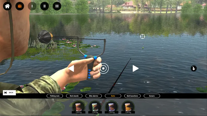 Fisga de engodo em primeira pessoa no Professional Fishing 2, com o menu de redes, suportes, alarmes, engodos e sonares